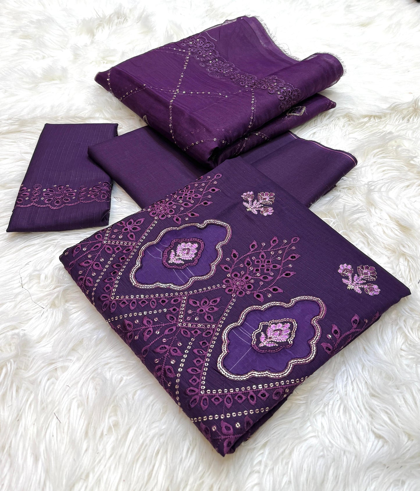 3pc Fancy Embroidery Collection Fabric Lawn