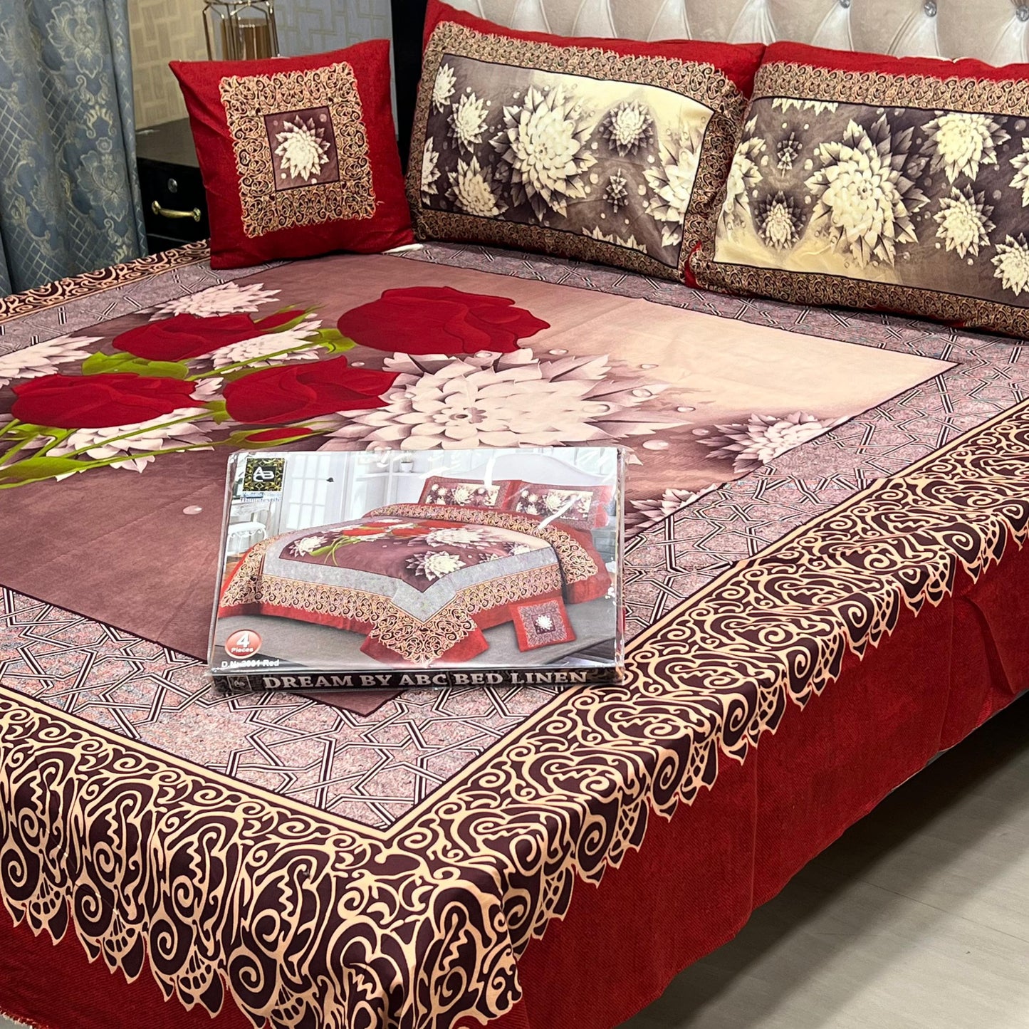 ✨ Dream 4 PCS ✨  🎗️ Panel print '' 4 piece '' 🎗️   Stuff =.   3 D PANAL BEDSHEET CRYSTAL COTTON